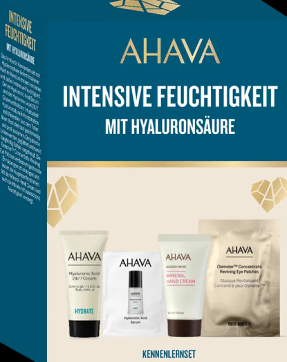 Ahava Time to Hydrate Face Care Trial Kit = Hyaluronic Acid 24/7 Cr.15 ml+Hyaluronic Acid Serum 3ml+Osmoter Conc.Reviving Eye Patch+Mineral Hand Cr. 40 ml
