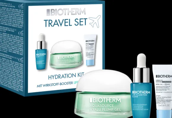 Biotherm Aquasource Travelkit = Aquasource Gel Cream 15 ml + Life Plankton Elixir 7 ml + UV Defense 5 ml